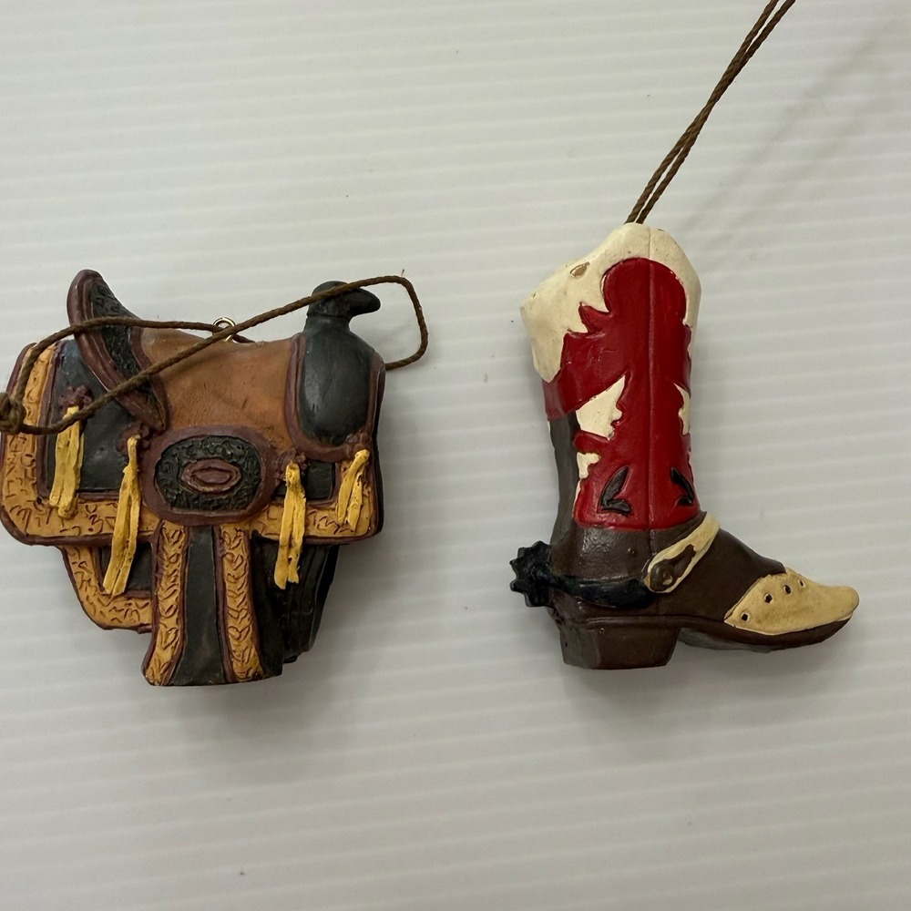 Vintage Western Cowboy Boot & Saddle Christmas Tree Ornament Set Of 2 Rustic